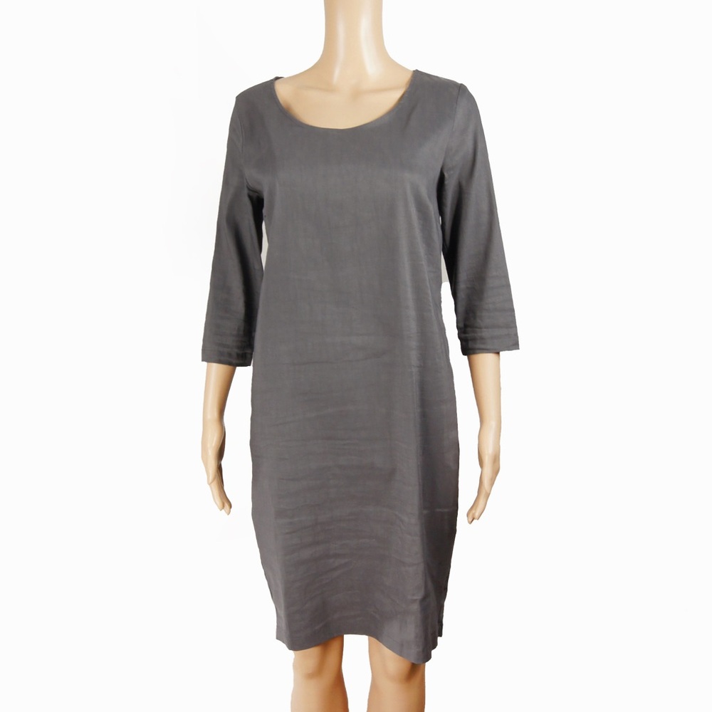 Sarah Pacini Classic Minimalist Slate Grey Quarter Sleeve Linen Midi Dress